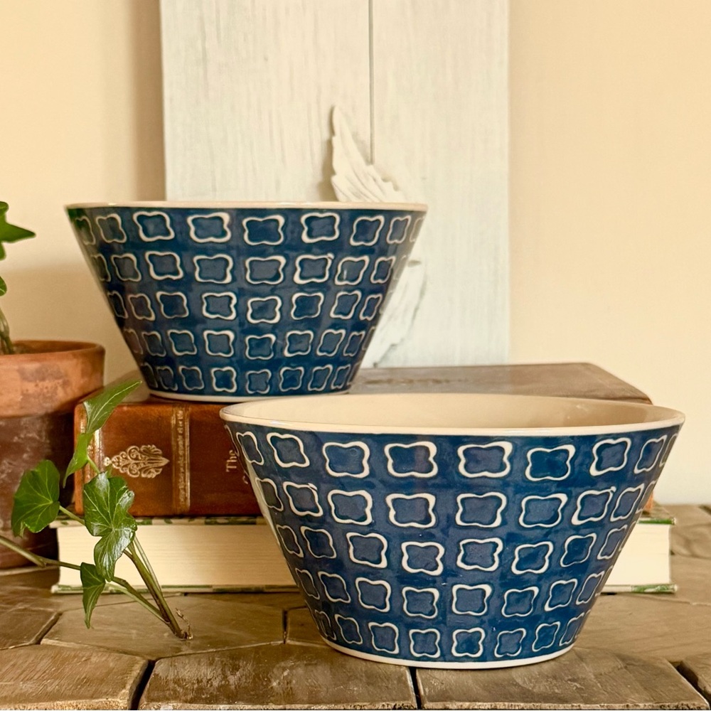 Threshold Set/2 “Mer Blue” Stoneware Bowls,
Blue & Cream, 6.25” - Picture 1 of 5